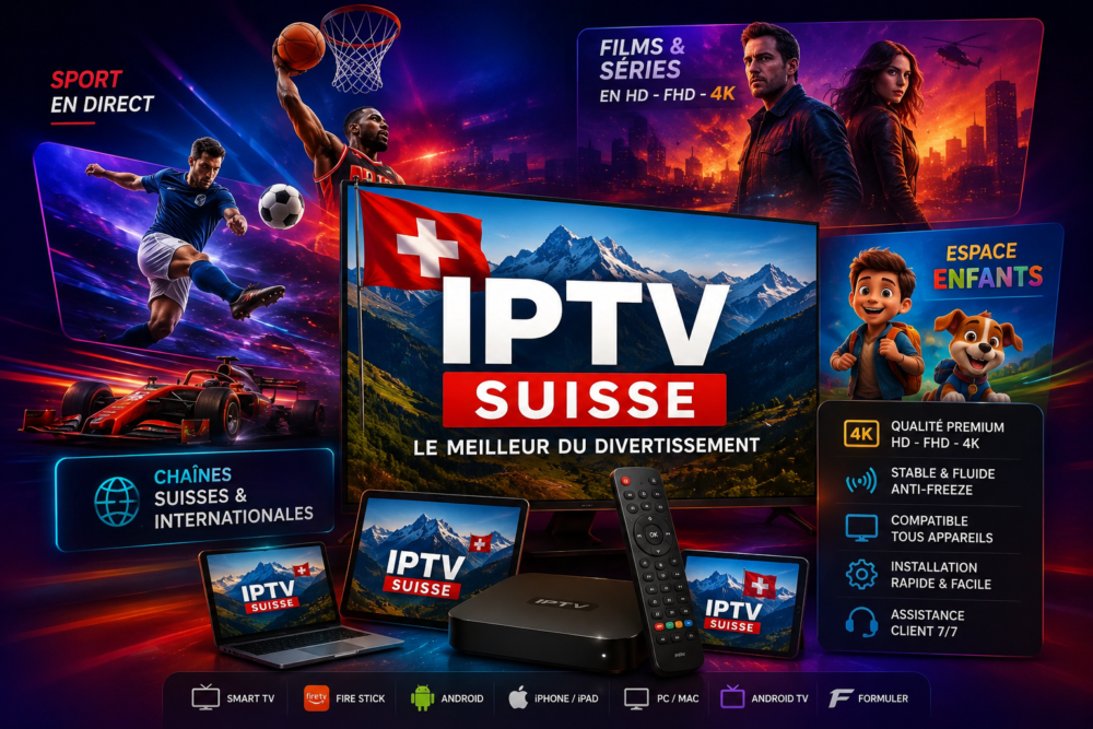 IPTV Suisse — capture d'écran du site avec l'aperçu des cantons, les tarifs et les fonctionnalités